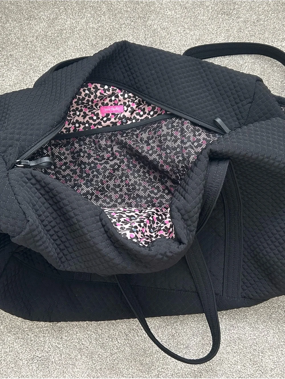Vera Bradley Black Quilted Shoulder Tote with Front Zip